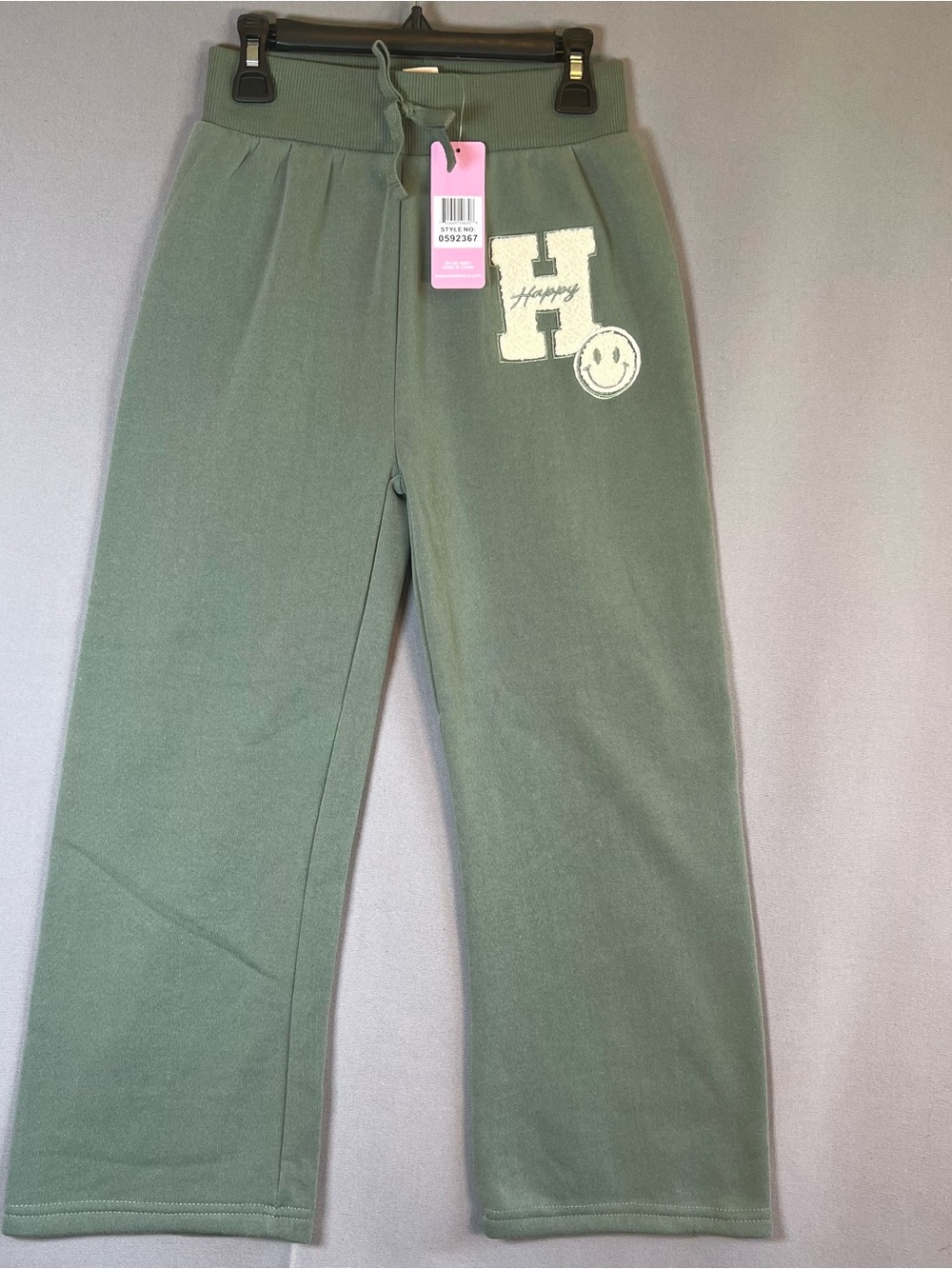Kids sz10/12 Olive Green Fleece Sweatpants w/ 'H' Happy & Smiley Face Patch NWT